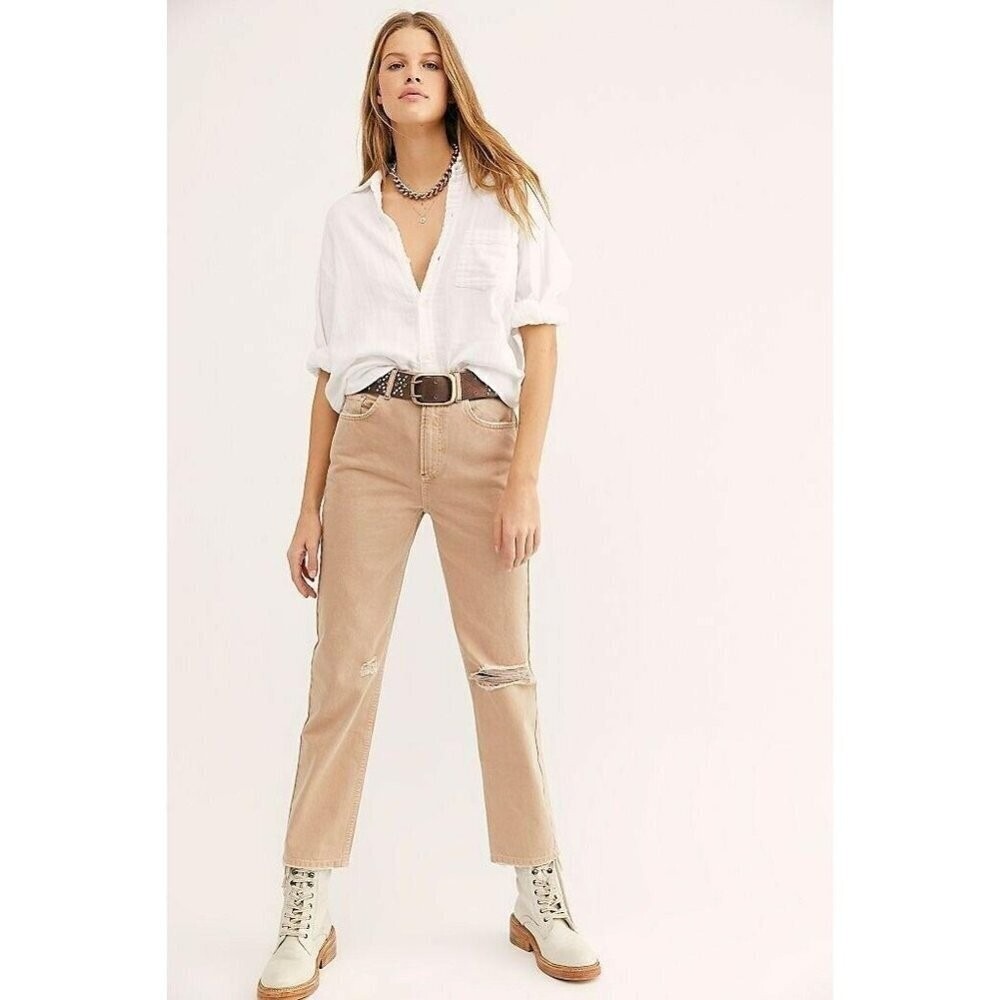 We the Free Dakota Straight Leg Jeans Women 28 Cafe Au Lait Tan Distressed NWOT